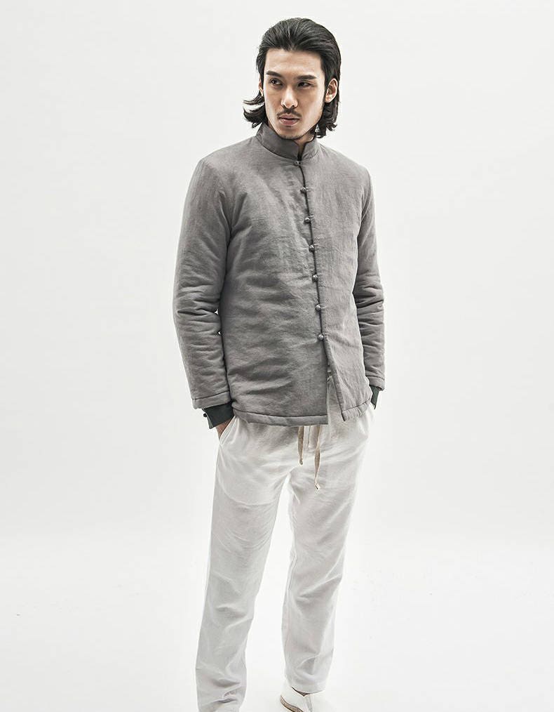 Classic Asian Design/ Linen Men's Winter Coat With Cotton Padded Lining ...