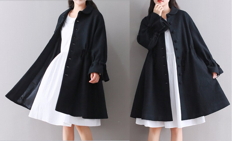 Lovely Babydoll Long Winter CoatWool Cashmere BlendHigh-WaistDoll Collar 5 ColorsBlackDark GreyRedNavyAny Size RAMIES
