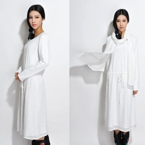 Long Silk Linen Blend Dress with Cotton lining/ Any Size / Long dress with Scarf/ 20 Colors/ RAMIES image 1