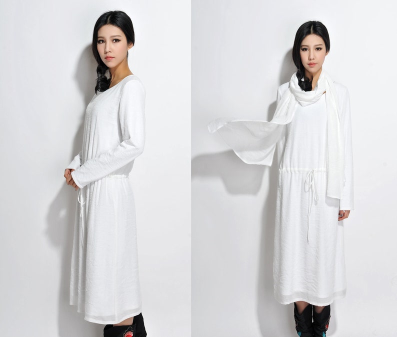 Long Silk Linen Blend Dress with Cotton lining/ Any Size / Long dress with Scarf/ 20 Colors/ RAMIES image 1