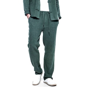 Linen Men's Elastic Waist Straight Pants/Dark Green/ 12 Colors/ RAMIES