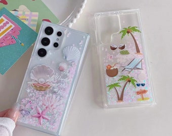 Coque Samsung Galaxy 3D/coquillages/perle/étoile de mer/plage/paillettes/23/Quicksand Gel liquide hybride scintillant scintillant/iPhone 15/achat d'un produit, offre un produit