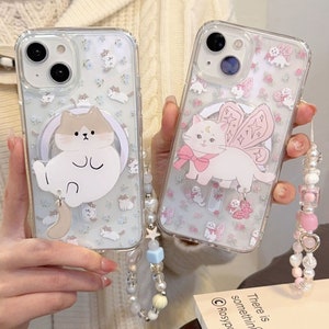 Magsafe/iPhone 15/14/13/12/MAX/Magnetic case/Printed Cats/Flowers/Clear TPU Cover with Collapsible Grip and Heart Stars Pearl Beads Chain imagem 1