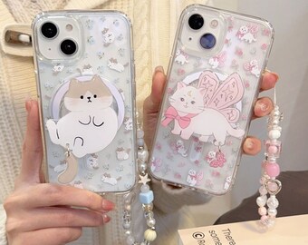 Magsafe/iPhone 15/14/13/12/MAX/Coque magnétique/Imprimés chats/Fleurs/Coque en TPU transparent avec poignée pliable et chaîne de perles coeurs étoiles