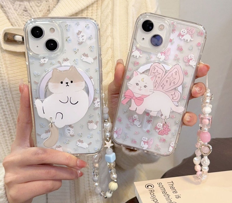 Magsafe/iPhone 15/14/13/12/MAX/Magnetic case/Printed Cats/Flowers/Clear TPU Cover with Collapsible Grip and Heart Stars Pearl Beads Chain imagem 1