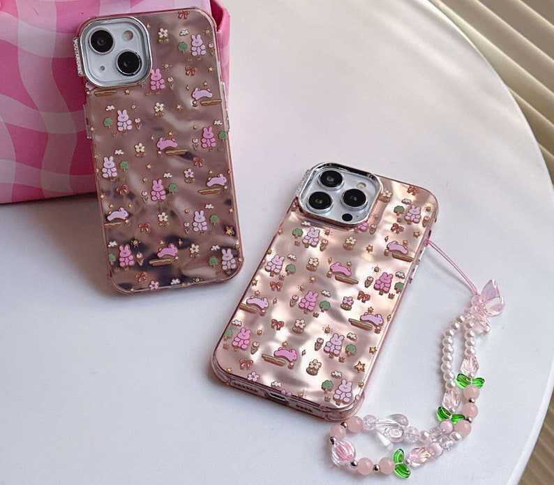 Lovely iPhone 15/14/13/12/MAX case/Cute Bunnies/Rabbits/Flowers/Trees/Shiny Lase White/Pink TPU Cover with Beads Phone Chain image 8