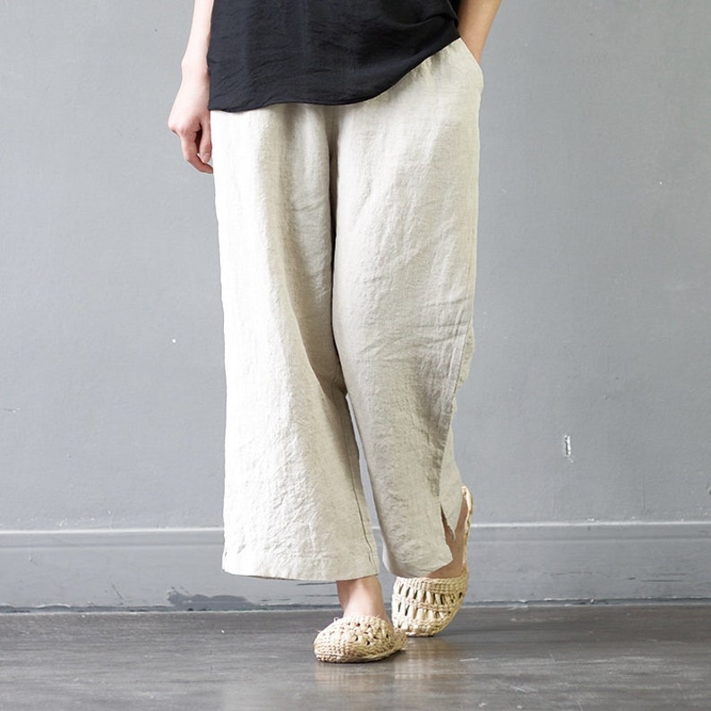 Women's /Elastic Waist/Straight Trousers with Slits/linen | Etsy