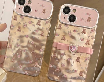 Lovely Printed iPhone 15/14/13/12/MAX case/Bears/Flowers/Shiny Lase White/Pink TPU Cover with Bow/Diamond Heart/Artificial Jewelry