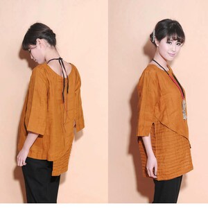 Ethnic Style Asymmetrical Linen Long Blouse with Accordion Folds/ 28 Colors/ RAMIES image 2