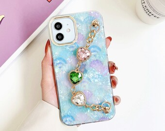 Laser Shell Texture TPU iPhone Case with Shining Gemstones golden Metal Phone Chain/Heart Diamond/Synthetic Gem/iPhone 12/13/14 15