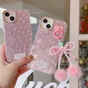 Lovely iPhone 15/14/13/12/MAX case/Flowers/Shiny Lase White/Pink TPU Cover with beads Bow Chain/Beads/Heart/Cute/Gift/ image 3