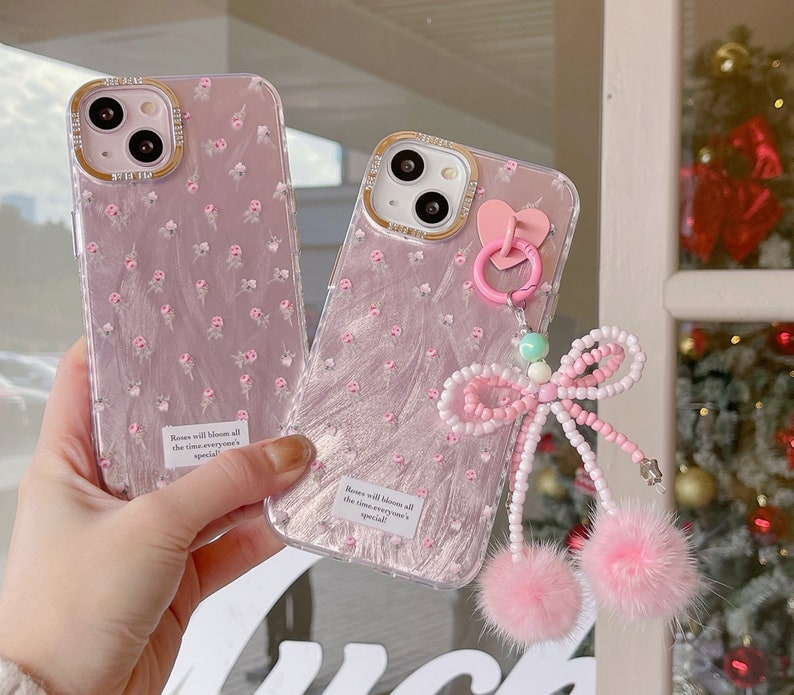 Lovely iPhone 15/14/13/12/MAX case/Flowers/Shiny Lase White/Pink TPU Cover with beads Bow Chain/Beads/Heart/Cute/Gift/ image 3