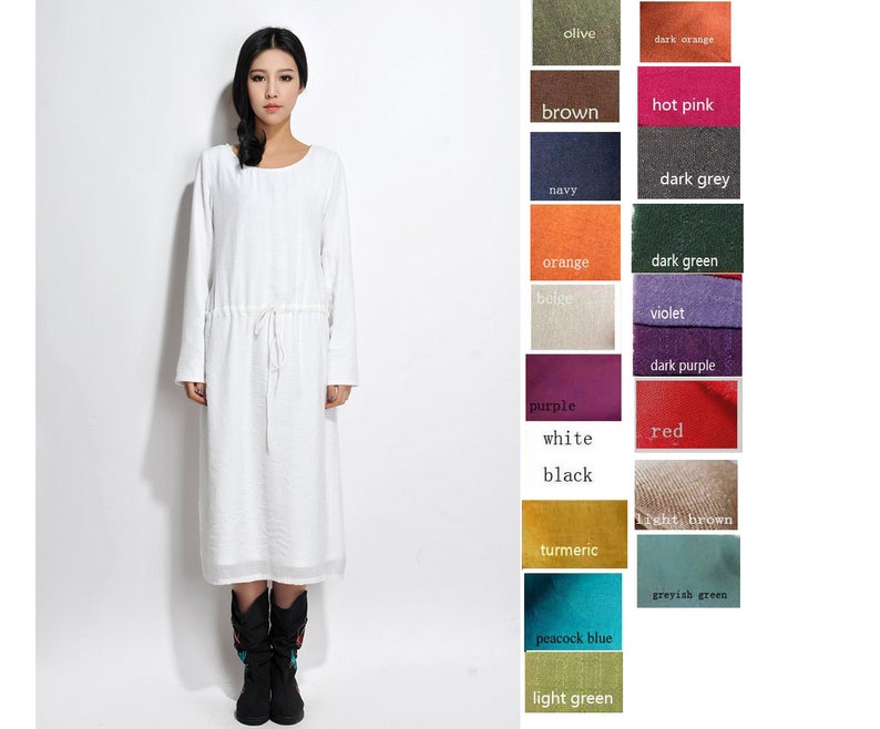 Long Silk Linen Blend Dress with Cotton lining/ Any Size / Long dress with Scarf/ 20 Colors/ RAMIES image 5