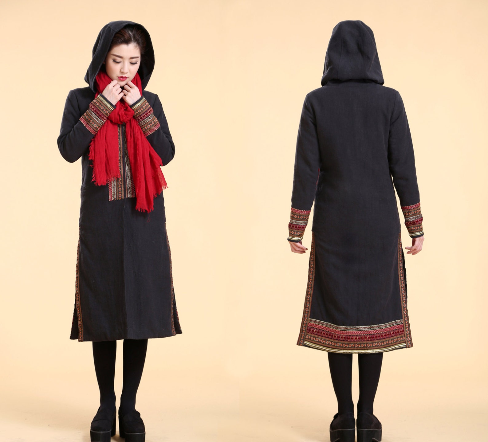 Unique Ethnic Style Embroidered Winter Coat/ Cotton Padded Linen Hoodie