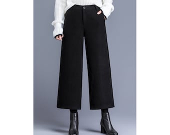 Mid- Waist Ankle Wool Pants/Pockets/Wide Leg/Crop Pants/Ankle/Winter Pants /4 Colors/ RAMIES