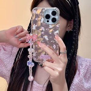 Lovely iPhone 15/14/13/12/MAX case/Cute Bunnies/Rabbits/Flowers/Bows/Shiny Lase White/Pink TPU Cover with Lase Colorful Beads Phone Chain image 5