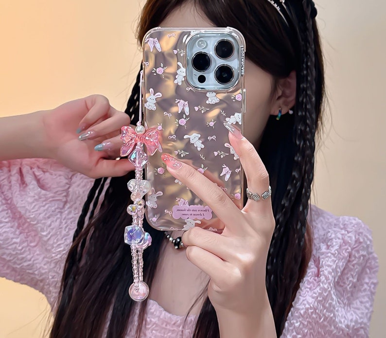 Lovely iPhone 15/14/13/12/MAX case/Cute Bunnies/Rabbits/Flowers/Bows/Shiny Lase White/Pink TPU Cover with Lase Colorful Beads Phone Chain image 5