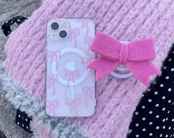 Magsafe/iPhone 15/14/13/12/11/MAX/Magnetic case/Printed Bows/Soft Clear TPU Cover with Cute Pink Bow Collapsible Grip/Buy One Get One Free