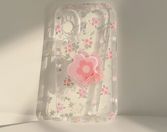 Coque pour iPhone 15/14/13/12/11 avec sables mouvants, gel liquide hybride pliable/Paillettes scintillantes/perles/fleurs/Rose