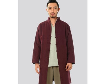 Style chinois classique Pure Linen Veste longue pour hommes avec boutons faits à la main / cou V Long Manteau / Poches / 9 couleurs / Toutes les tailles / Col debout
