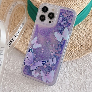 3D Butterflies/Samsung Galaxy Case S22/23/Pink/Purple/ Gradient Quicksand Liquid Gel Hybrid Glitter Sparkle/iPhone 15/ Buy One Get One Free image 3
