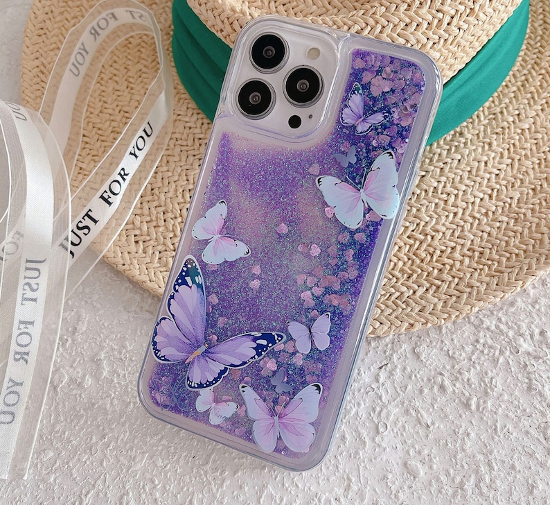 3D Butterflies/Samsung Galaxy Case S22/23/Pink/Purple/ Gradient Quicksand Liquid Gel Hybrid Glitter Sparkle/iPhone 15/ Buy One Get One Free image 3