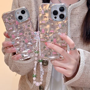 Lovely iPhone 15/14/13/12/MAX case/Cute Bunnies/Rabbits/Flowers/Trees/Shiny Lase White/Pink TPU Cover with Beads Phone Chain image 2