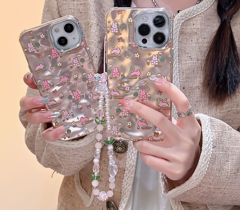 Lovely iPhone 15/14/13/12/MAX case/Cute Bunnies/Rabbits/Flowers/Trees/Shiny Lase White/Pink TPU Cover with Beads Phone Chain image 2