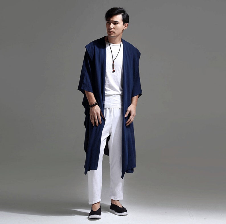 Mens Free Style Light Linen Long Coat With 3/4 Sleeves/ - Etsy