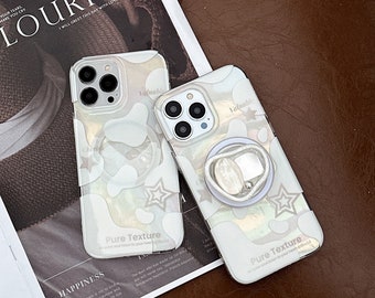 Magsafe/iPhone 15/14/13/12/MAX/Magnetic case/Shiny Lase White TPU Cover with Artificial Jewelry/Pearl/Collapsible Grip/Buy One Get One Free