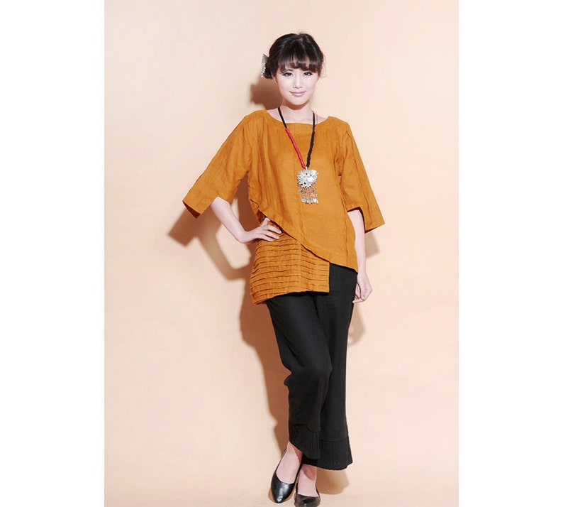 Ethnic Style Asymmetrical Linen Long Blouse with Accordion Folds/ 28 Colors/ RAMIES image 1