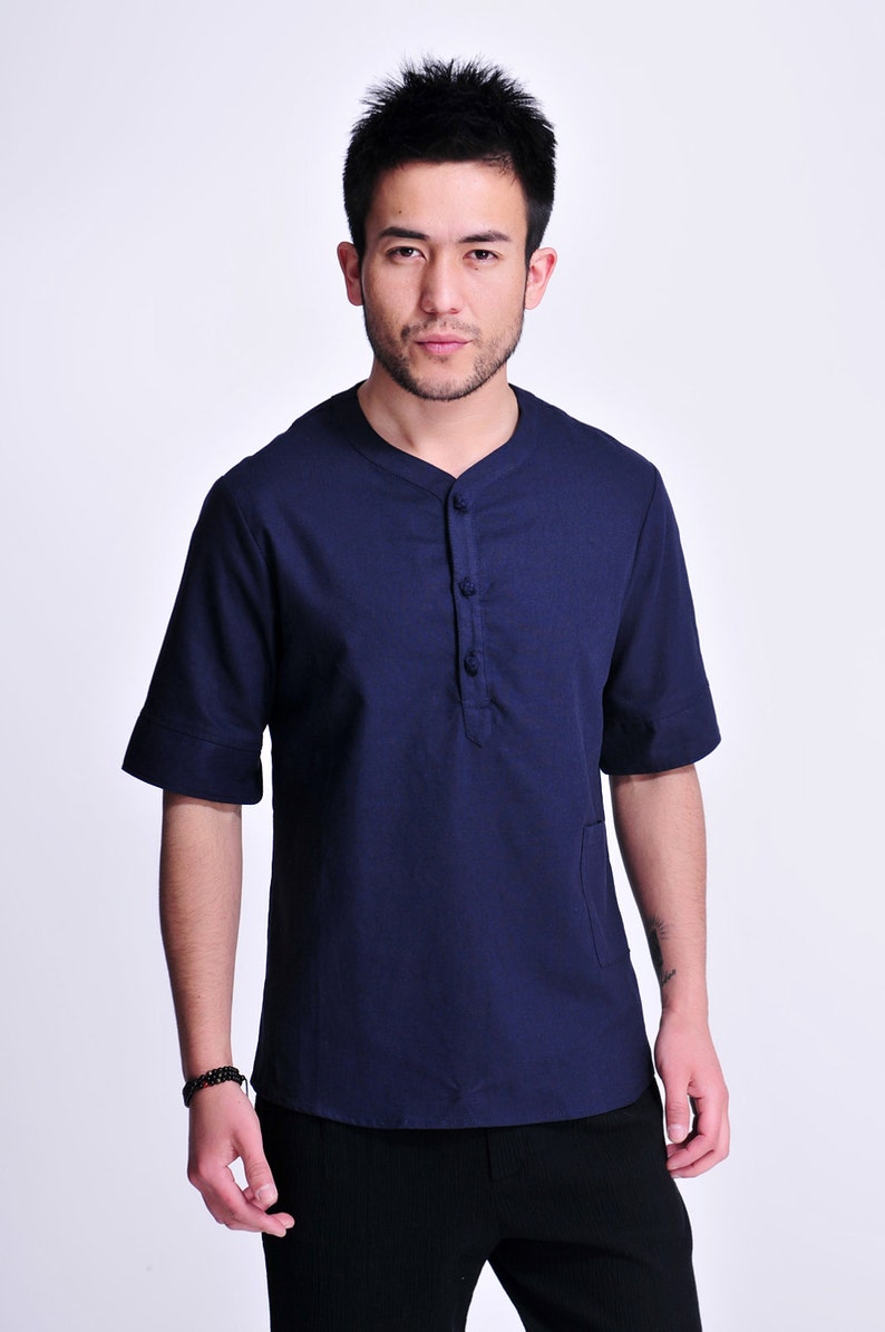 Blue Earth / Classice Alian Style Linen Men's Shirt With Short Sleeve