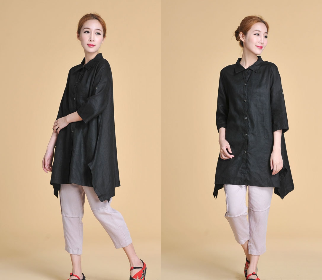 Free Style Linen Long Blouse With Asymmetrical Hems/ 28 Colors/ RAMIES ...