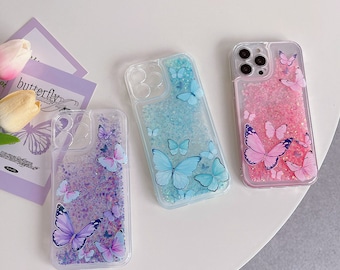 Papillons 3D/coque pour iPhone 13/12/14/Hybride gel liquide brillant aux sables mouvants scintillants/rose/bleu clair/violet