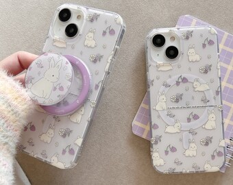 Magsafe/Coque magnétique pour iPhone 15/14/13/12/Imprimée/Lapins/Fraise/Fleur Coque en TPU transparente et souple avec poignée pliable/Cadeau pour fille/femme