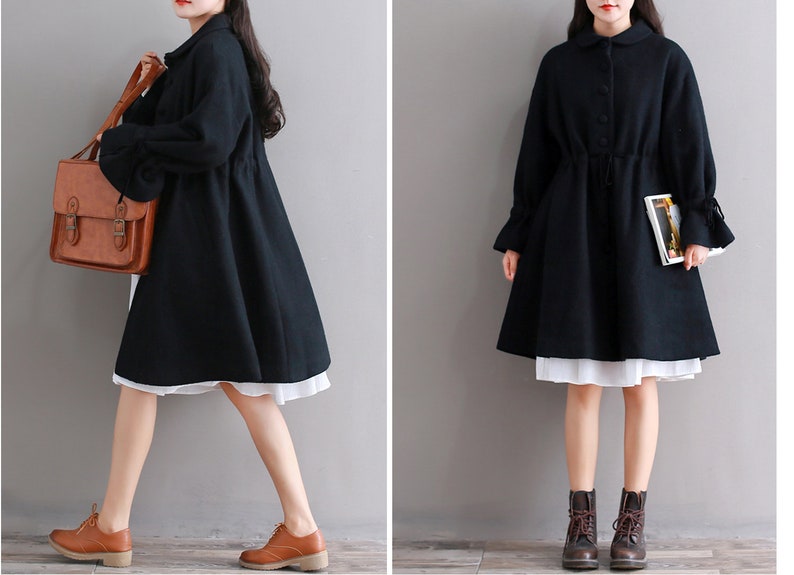 Lovely Babydoll Long Winter CoatWool Cashmere BlendHigh-WaistDoll Collar 5 ColorsBlackDark GreyRedNavyAny Size RAMIES