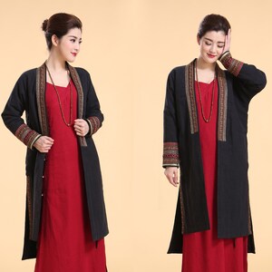 Distinctive Yet Easy to Wear Ethnic Style Embroidered Winter Coat/ Asymmetrical Cotton Padded  Long Cape/ Black and Navy/ RAMIES