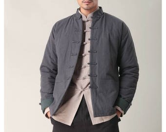 Design asiatique classique / Manteau d’hiver pour hommes en lin avec doublure rembourrée en coton / col debout / gris foncé / 14 couleurs / RAMIES