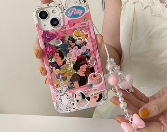 Jolie coque pour iPhone 15/14/13/12/MAX dessin animé graffiti/blanc neige/imprimé/étui en TPU avec chaîne de perles blanc brillant/coeur coeur rose/cadeau pour fille