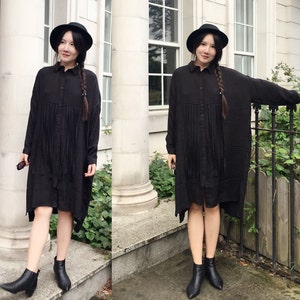 Free Style Pleated Linen Long Shirt Dress with Frings/ Babydoll Oversize Long Blouse/ Any Size/ 4 Colors/ RAMIES