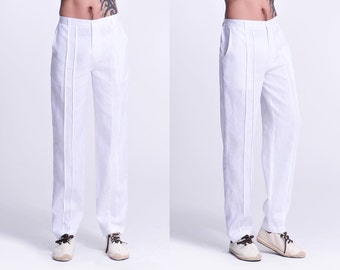 Naturellement Argonite/ Pantalon en lin pour hommes à cheville étroite de style asiatique avec plis / Taille élastique / 7 couleurs/Sur mesure/ RAMIES