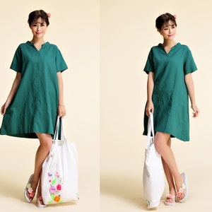 Forget-Me-Not / Free Style V Neckline Linen Summer Dress with Pockets/ Shirt dress/ 30 Colors/ ANY SIZE/ RAMIES