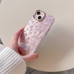 Lovely iPhone 15/14/13/12/MAX case/Flowers/Shiny Lase White/Pink TPU Cover with beads Bow Chain/Beads/Heart/Cute/Gift/ image 6