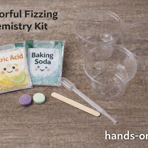 May include: A colourful fizzing chemistry kit with citric acid and baking soda packets, clear plastic cups, a dropper, and a wooden stick. The kit includes purple and green tablets. The text "hands-on fun!" is at the bottom.