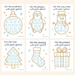 Può includere: Otto fogli di lavoro invernali con illustrazioni di ornamenti, pinguini, pupazzi di neve, alberi, calze, regali e guanti. Ogni immagine ha cerchi per pomponi e il testo "Fill the...with pom-poms!"
