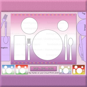 May include: A printable placemat template for a kids' table setting. The template includes a plate, fork, knife, spoon, napkin, cup, and bread plate. The template is designed to be cut out and used for a pretend play or educational activity.