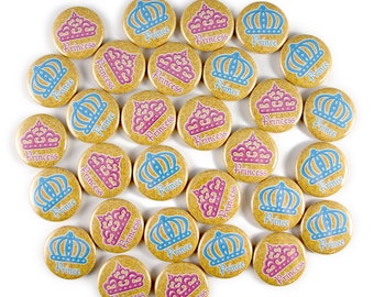 30 Prince and Princess Pinback Buttons! Baby Shower Games. Blue or Pink. 1" Mini Pins.