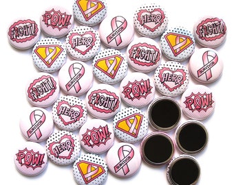 30 Breast Cancer Superhero Magnets. Superheroes Comic Book Style. Awareness, Children's Support. 1" Mini Buttons.