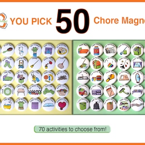 USTED PICK 50 imanes de chore. 1&quot; Actividades para niños a la lista. Round Refrigerador Botones Insignias Lote. Usted elige su propio conjunto personalizado.