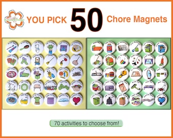 YOU PICK 50 Chore Magnets. 1" Kids Activities To To List. Round Refrigerator Buttons Badges Lot. You Choose Your Own Custom Set.